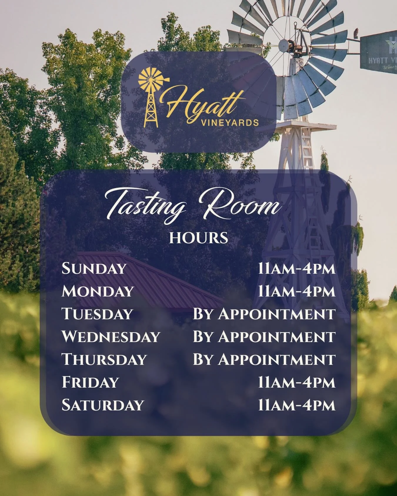 The tasting room opens back up this weekend, and we can&rsquo;t wait to see you!

Join us Friday&ndash;Monday from 11am&ndash;4pm, with tastings by appointment only Tuesday&ndash;Thursday.

#hyattvineyards #wedowine #wawine #rattlesnakehillsava #yaki
