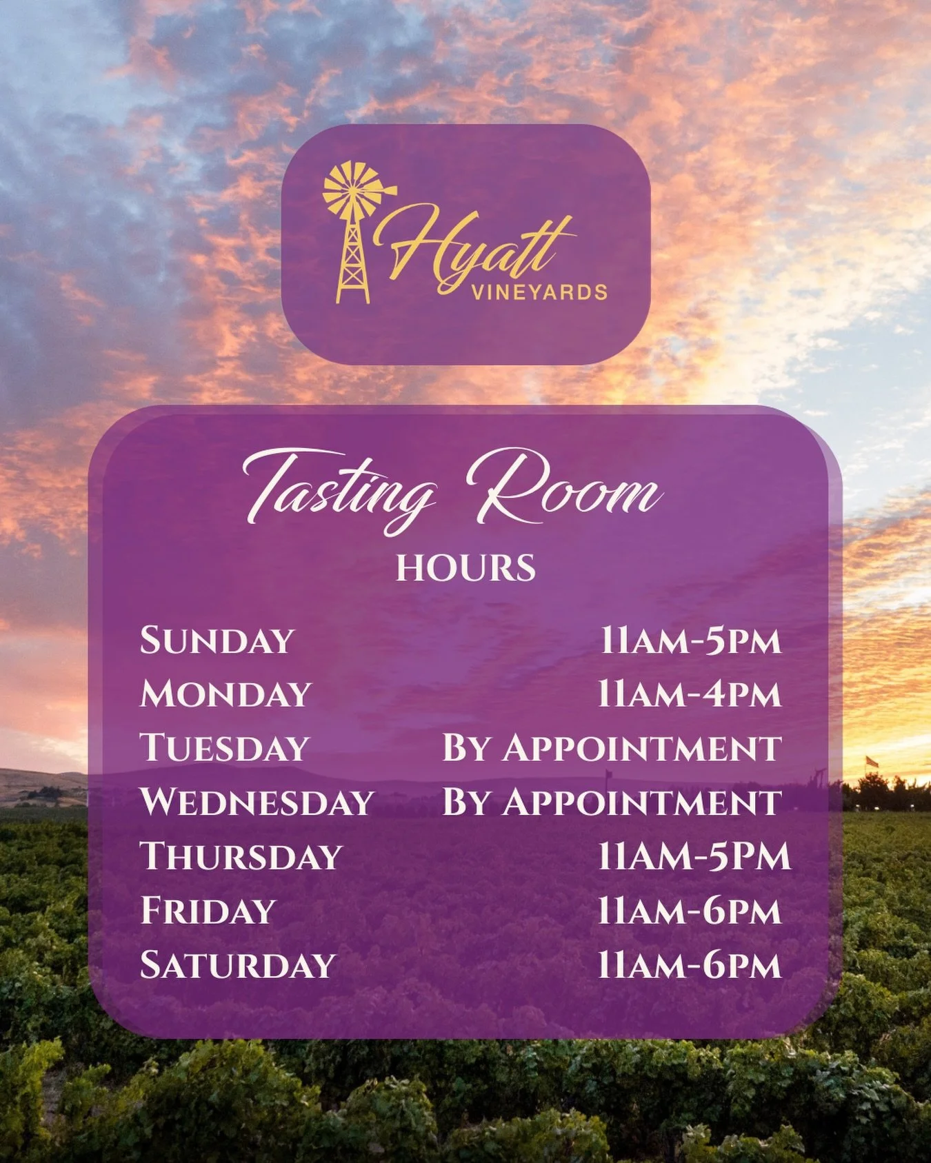 Our updated tasting room hours start this Thursday, and we can&rsquo;t wait to see you!

Join us Thursday&ndash;Monday, with extended hours on Friday and Saturday. Appointments available Tuesday and Wednesday.

#hyattvineyards #wedowine #wawine #trad