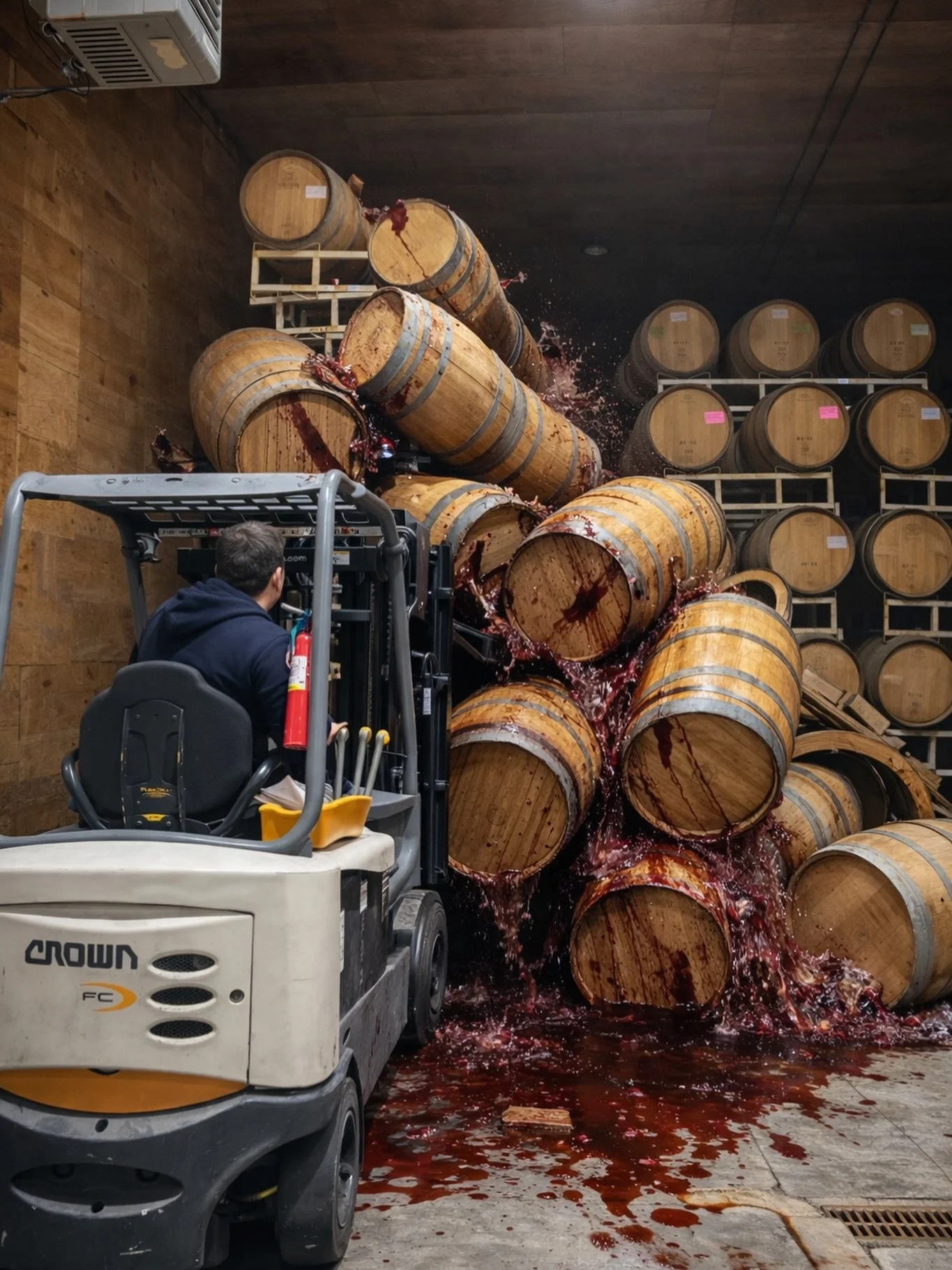 Well&hellip; this isn&rsquo;t how we planned to start the day.

We walked into the cellar this morning and found total chaos &mdash; barrels down, wine everywhere, and not a drop left to save. Guess we&rsquo;ll be pivoting to water for the 2025 vinta