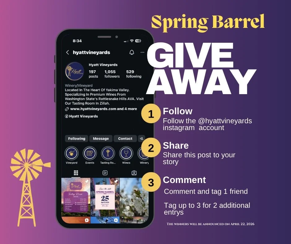 GIVEAWAY TIME &mdash; SPRING BARREL VIP EXPERIENCE

We&rsquo;re giving away 3 VIP experiences for Spring Barrel at Hyatt Vineyards

HOW TO ENTER
&bull; Follow @hyattvineyards
&bull; Share this post to your Instagram story and tag @hyattvineyards
&bul