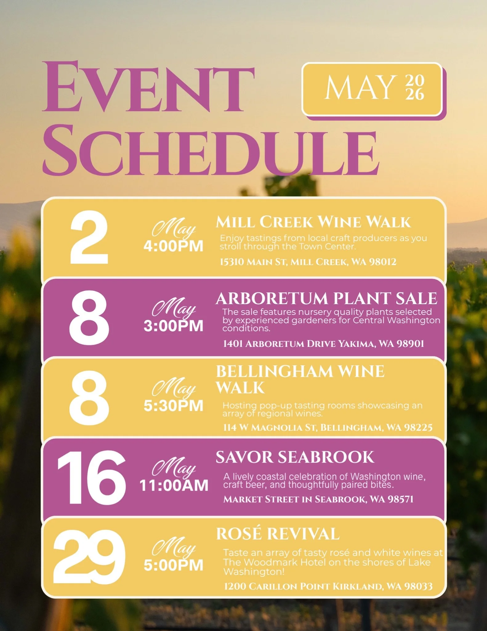 Our May lineup is here. Find us all across the state this month, we&rsquo;d love to see you.

#hyattvineyards #wedowine #wastatewine #yakimavalley #eventschedule