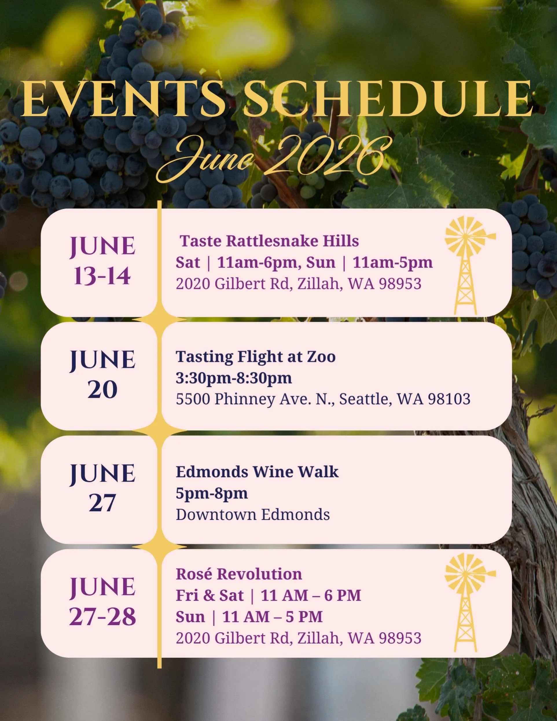 June is packed and we can&rsquo;t wait to spend it with you. From Taste Rattlesnake Hills to Ros&eacute; Revolution, here&rsquo;s where you can find us this month. Save this schedule, tag your wine crew, and start planning your weekends with us.

#ju