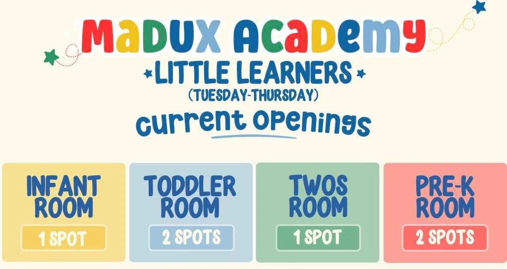 Little Learners begins August 11th, and we only have a few spots remaining.

If you&rsquo;ve been thinking about enrolling, now is the perfect time! We&rsquo;d love to welcome your family to Madux Academy.

Enroll at Maduxacademy.com