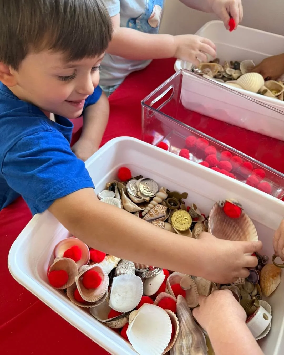 Pirate Week is underway! 🏴&zwj;☠️ We&rsquo;re learning the letter R, exploring the color red, and digging through treasure for some hands-on sensory fun! 🐚💰