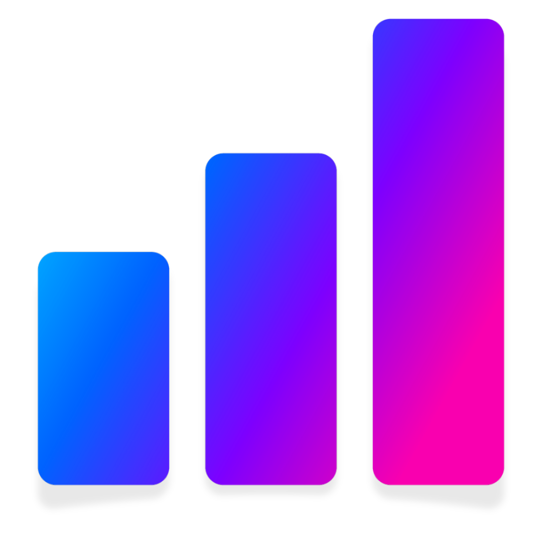 Gradient-colored bar chart with three vertical bars increasing in height from left to right, featuring a blue to purple gradient.