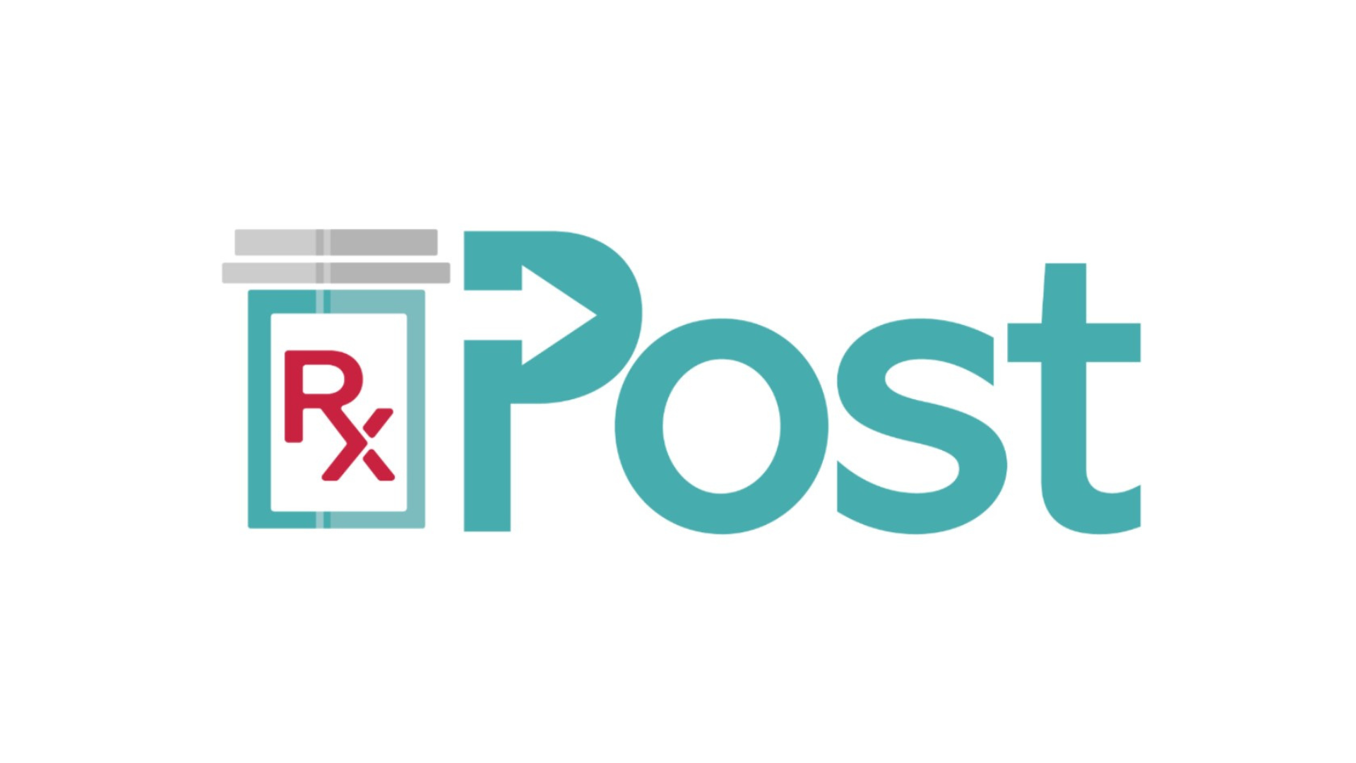 A graphic with a pill bottle icon containing a red 'Rx' symbol and an arrow pointing to the word 'Post' in teal letters, indicating medication delivery or pharmacy services.