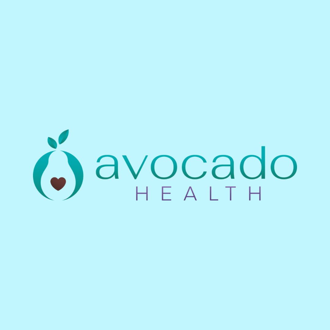 Logo for Avocado Health featuring an avocado with a heart and leaves, with the words "avocado" and "HEALTH" on a light blue background.