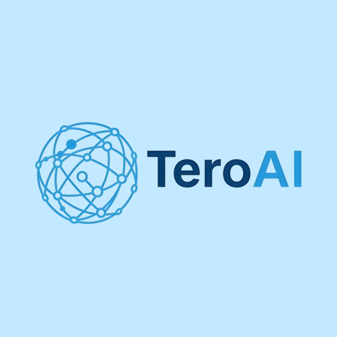 Logo for TeroAI featuring a blue globe with interconnected nodes and the text 'TeroAI' on a light blue background.
