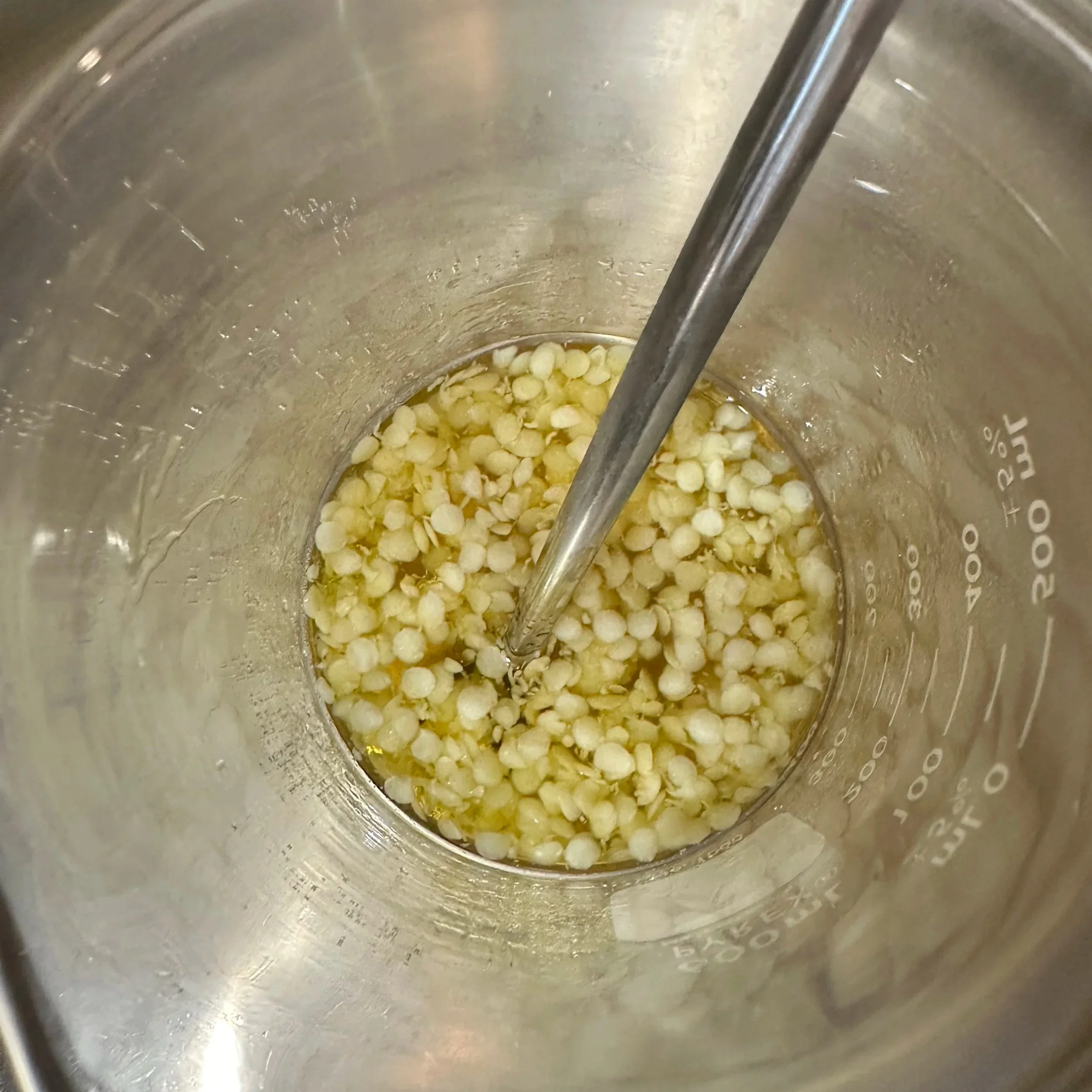 All NEW Shimmer Glow Sticks initial ingredients melting together. You see the Pure American Beeswax in the beautiful blend of cupuacu butter, jojoba and apricot kernel oils.