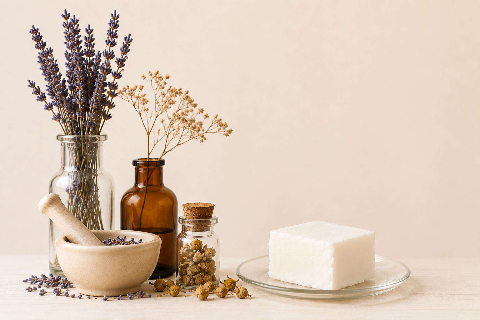 Arrangement of dried lavender and flowers in glass bottles, a mortar and pestle with lavender, a small jar of dried herbs, a white bar of tallow on a glass dish, all on a light wooden surface against a beige background.