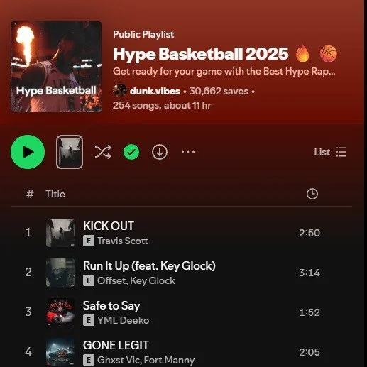 Two placements. One playlist.
&ldquo;Up 2k You&rdquo; and &ldquo;Don&rsquo;t Mean None&rdquo; just landed side-by-side on Hype Basketball 2025, curated by @dunk.vibez &mdash; one of the biggest high-energy rap playlists pushing game-time motivation.
