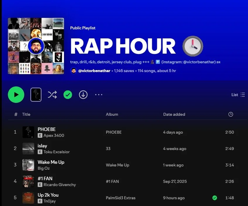 🔥 Playlist Win &mdash; RAP HOUR
&ldquo;Up 2k You&rdquo; just landed on Rap Hour by @victorbenathar &mdash; a playlist that moves heavy in the trap/plug/detroit lane. Big look for the record, big momentum for the campaign.

Every placement counts. Ev