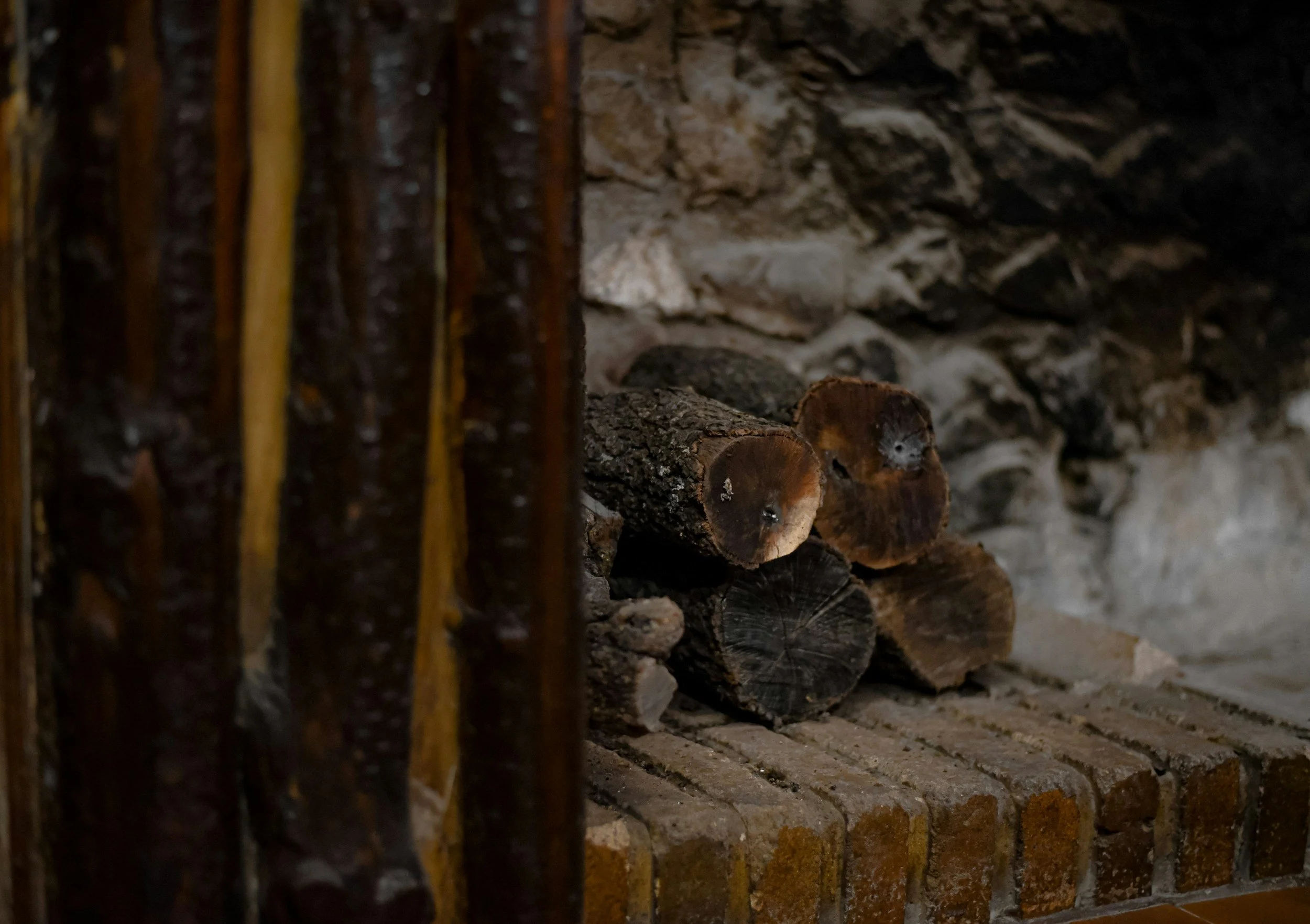Stacked firewood logs behind a metal barrier in a fireplace or woodpile.