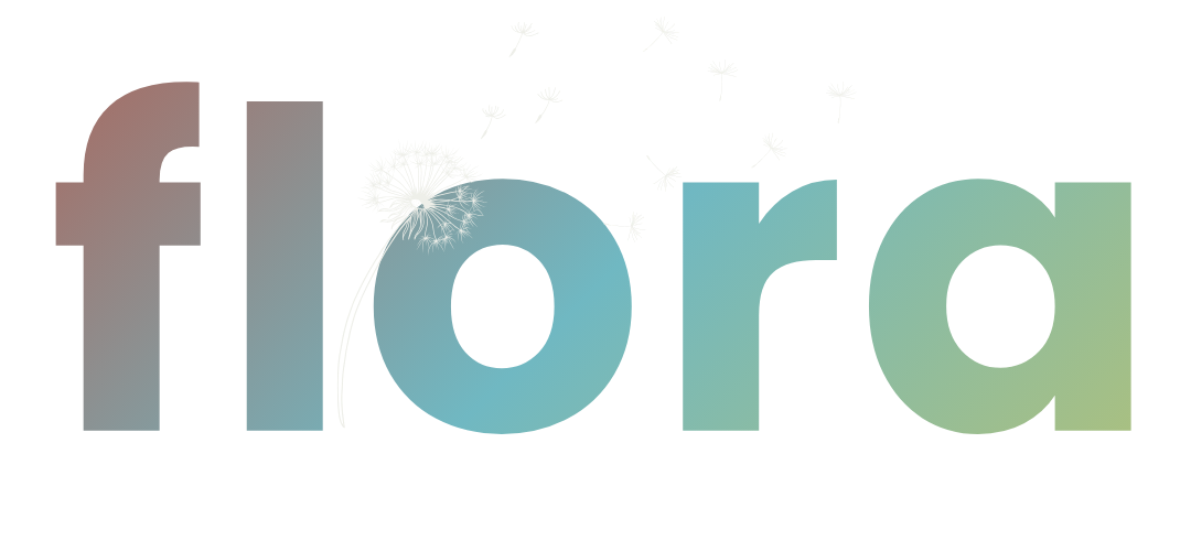 A colorful, stylized logo with the word flora and a dandelion flower surrounded by confetti-like design elements.