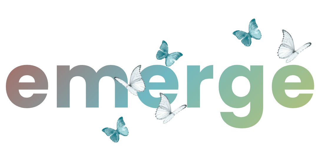 Stylized text with butterflies around it, featuring the words 'emerge' in colorful, artistic font.