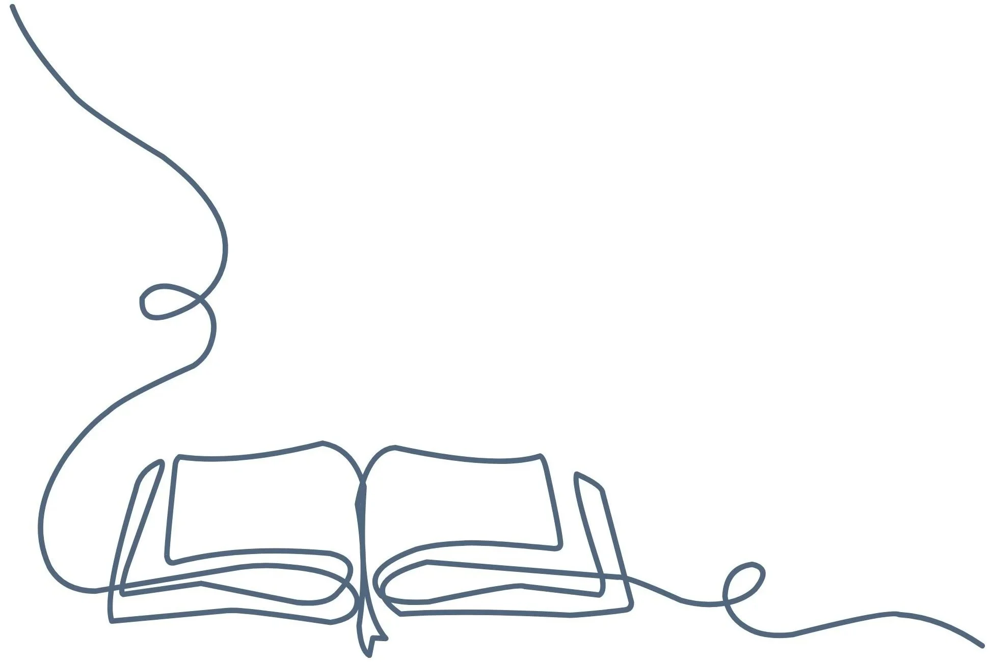 Simple line drawing of an open book with a cord or string curling around it, on a plain white background.