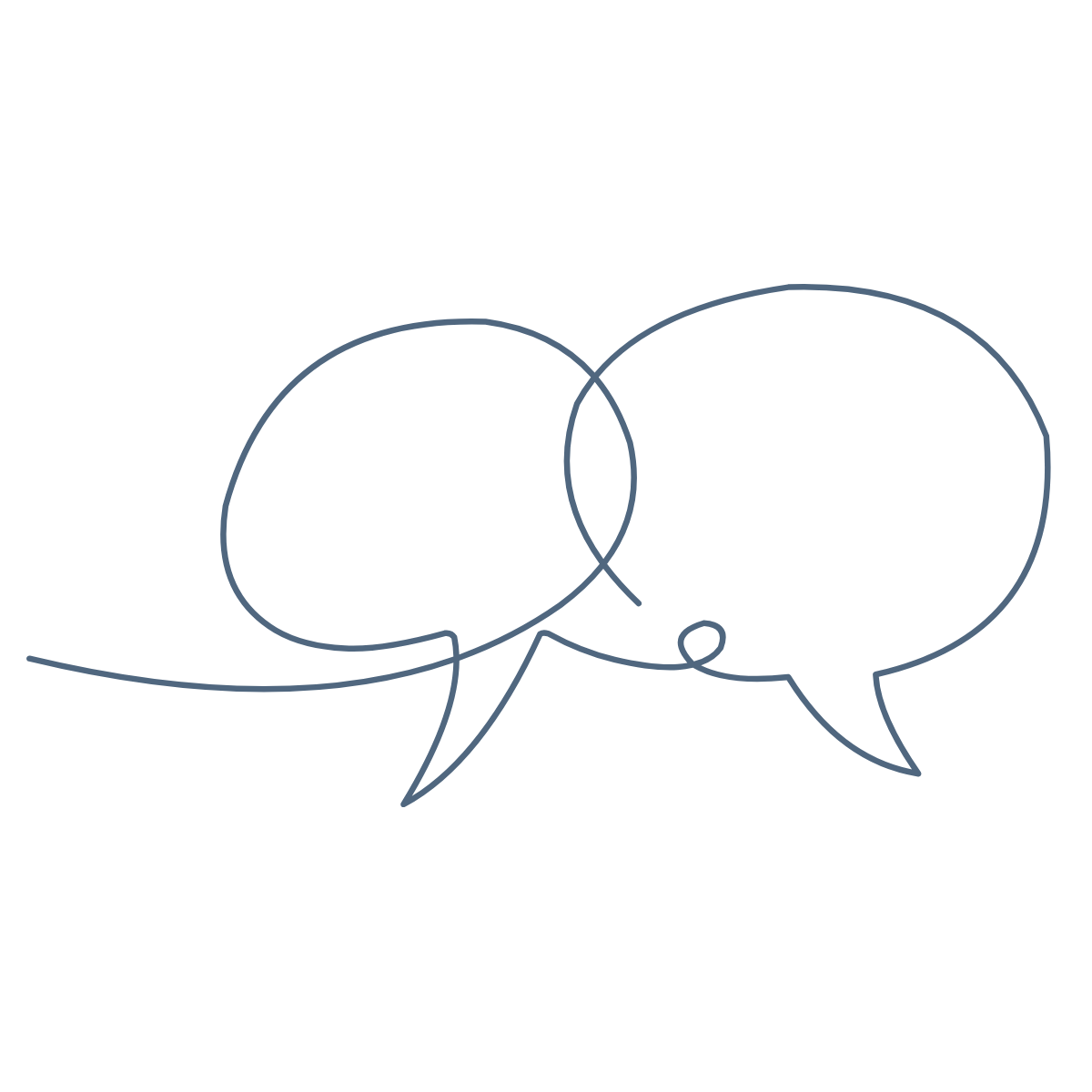 Two overlapping speech bubbles outlined in navy blue on a black background.