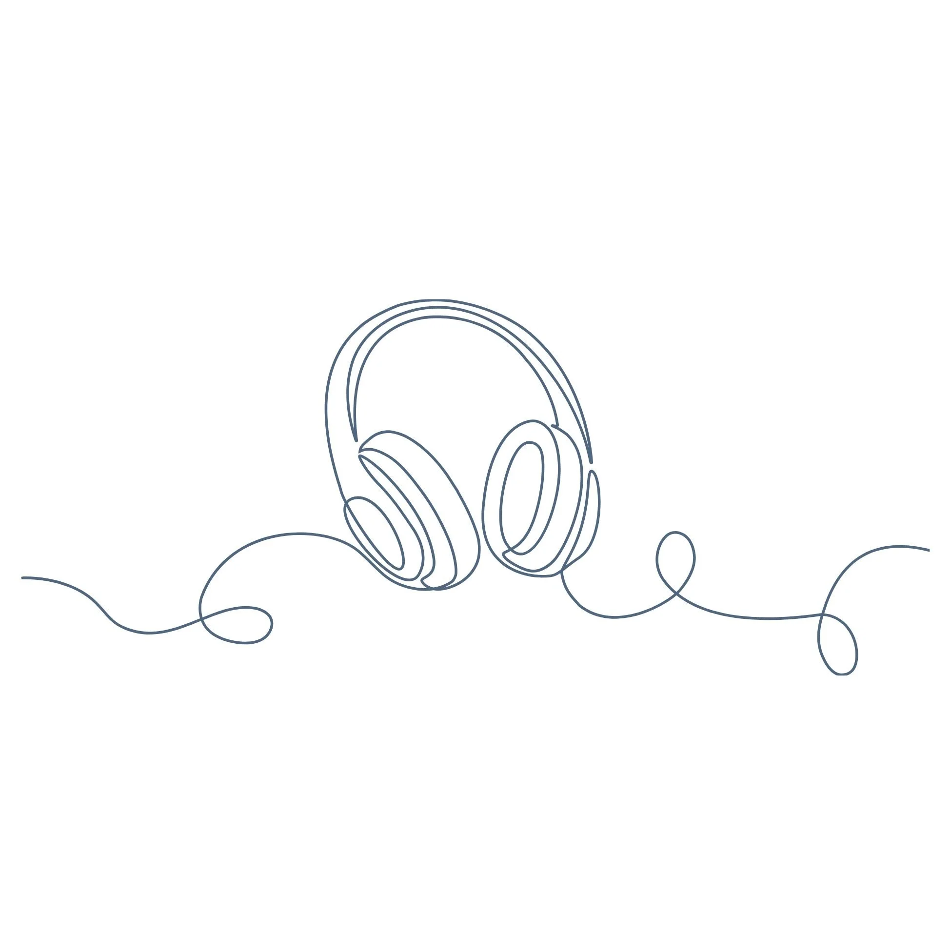 Line drawing of over-ear headphones with a tangled wire extending from each side.