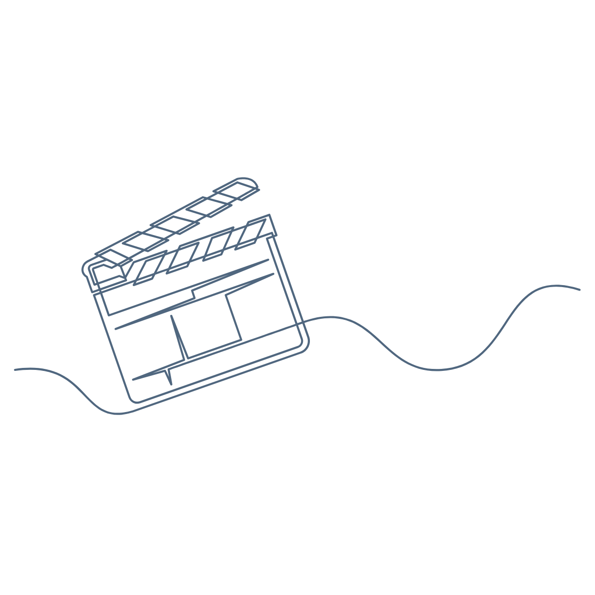 Outline of a clapperboard connected to an audio cable, representing filmmaking or video production.