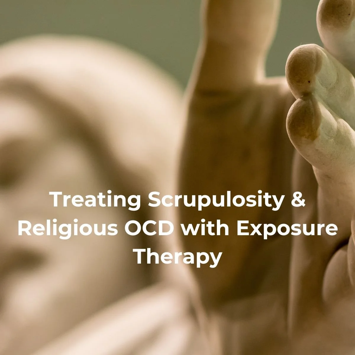 Close-up of wooden artist mannequins, with text overlay that reads 'Treating Scrupulosity & Religious OCD with Exposure Therapy'.