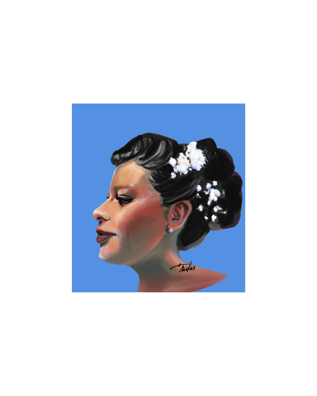 Something Blue is a portrait that captures a quiet, candid moment of bridal introspection. Rendered in profile against a serene blue field, the subject’s expression is calm, grounded, and luminous—suggesting a fleeting pause amid celebration. White f