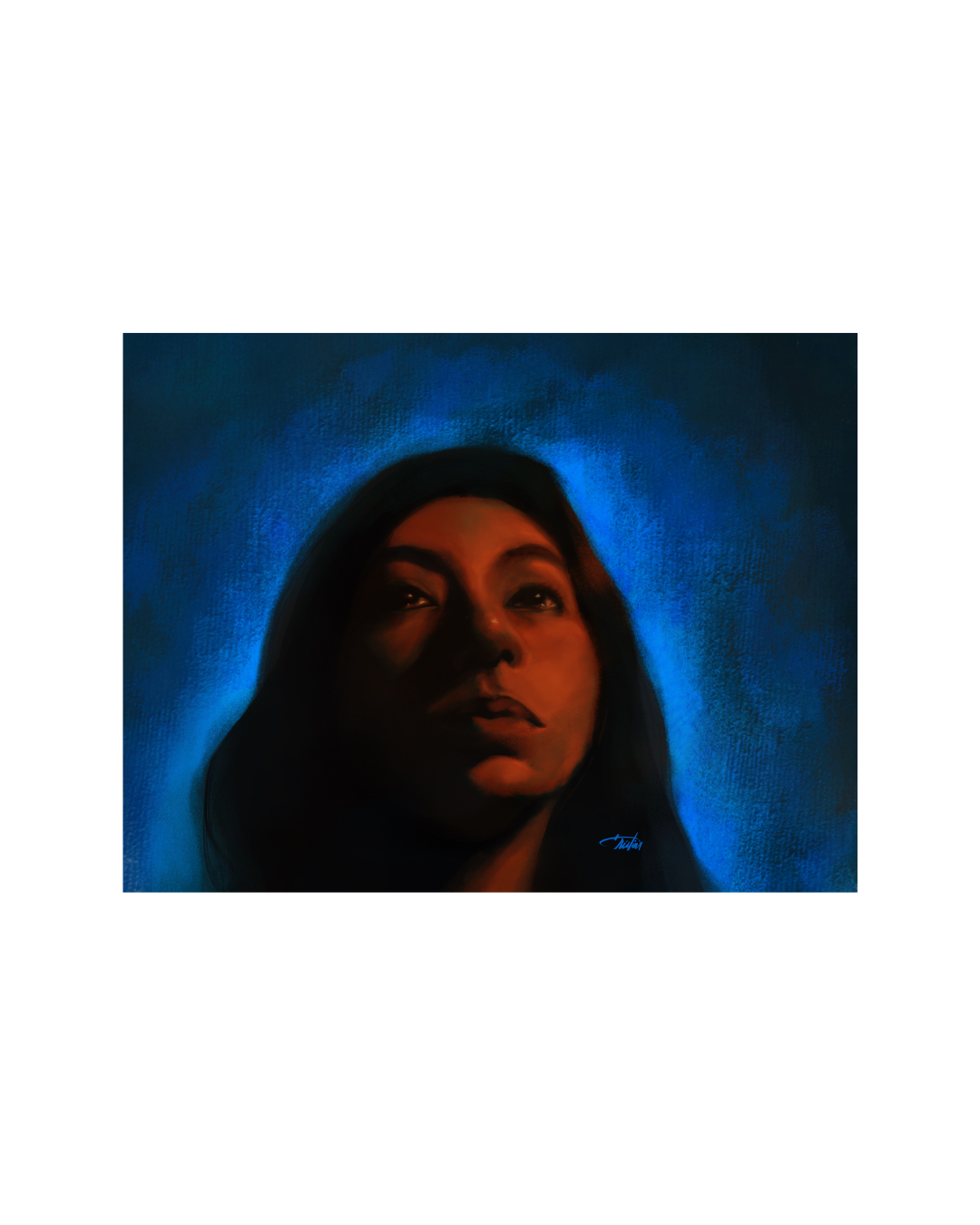 This portrait presents a woman with a strong, stoic gaze, illuminated by a red nocturnal glow that both warms and unsettles the composition. The contrast between her calm exterior and the charged atmosphere of the light invites viewers to look beyond
