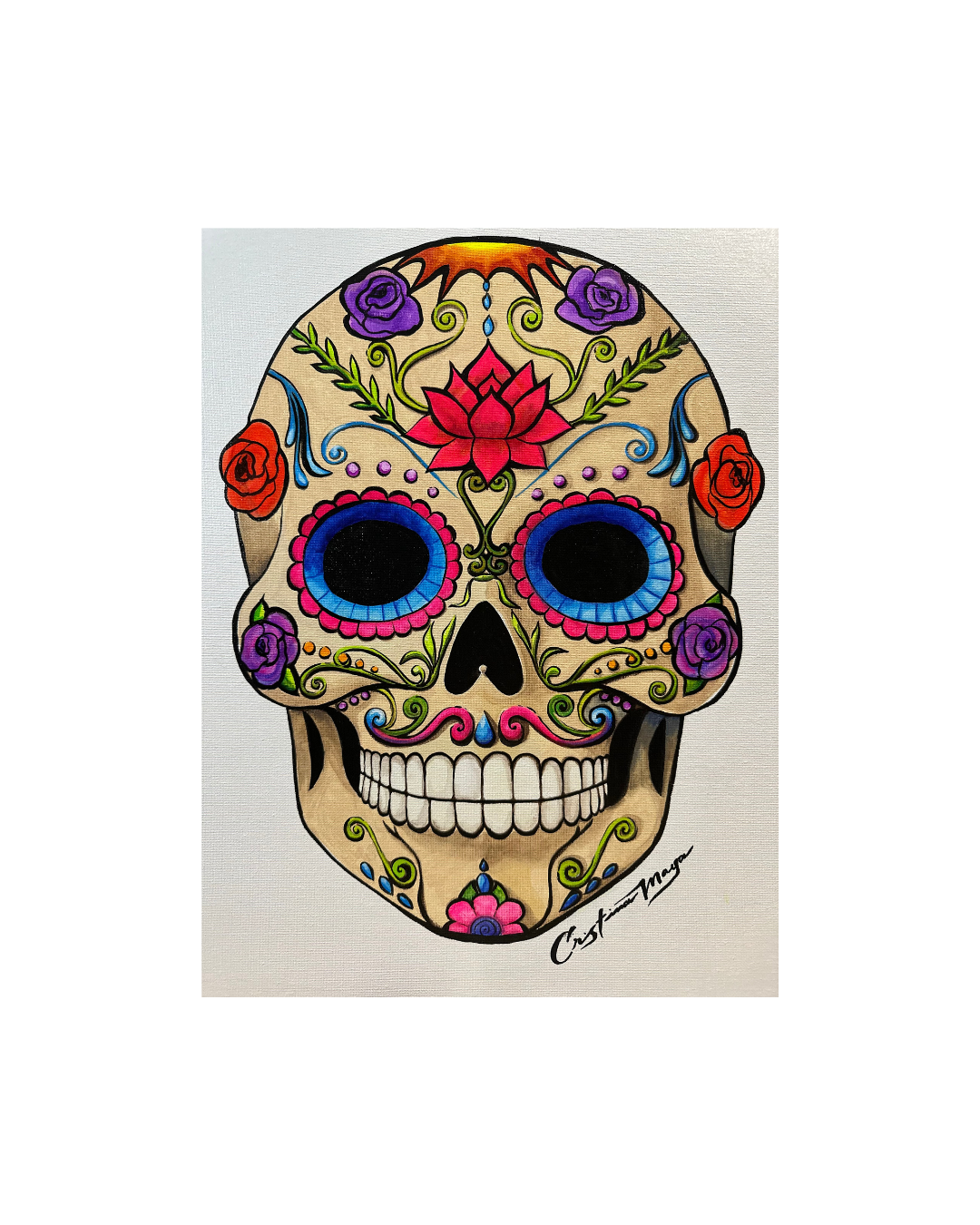 This work reimagines the traditional calavera as a vibrant symbol of remembrance, continuity, and celebration. Floral motifs, scrolling vines, and saturated color are carefully balanced across the skull’s surface, transforming a symbol of death into 
