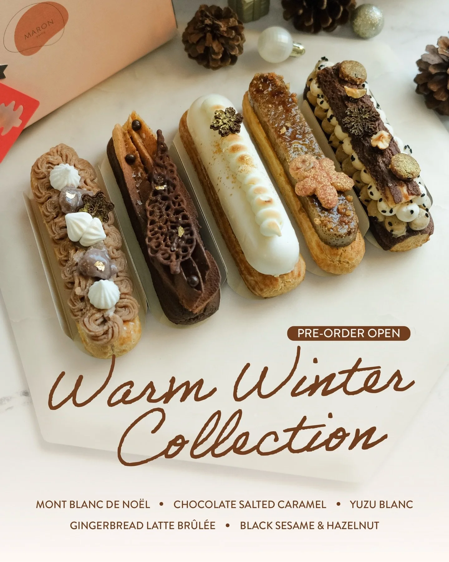 Soft tones, warm flavors, and a little holiday magic ❄️✨
Introducing our Warm Winter Collection, five seasonal &eacute;clairs crafted in cozy creams, chocolates, and gold notes for the sweetest time of year!

This year&rsquo;s lineup:
🌰 Mont Blanc d