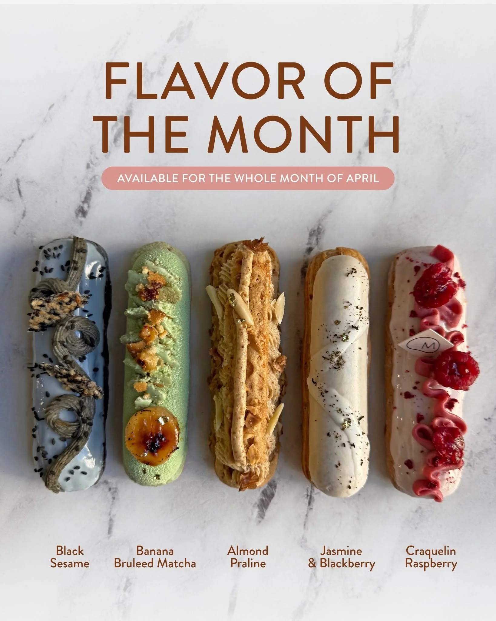 If you&rsquo;ve been waiting&hellip; this is your sign 👀✨

April &Eacute;clair Collection is here 🤍
Freshly made, limited daily, and crafted with flavors we love:

Black Sesame 🖤
Banana Br&ucirc;l&eacute;ed Matcha 🍵🍌
Almond Praline 🤍
Jasmine &a