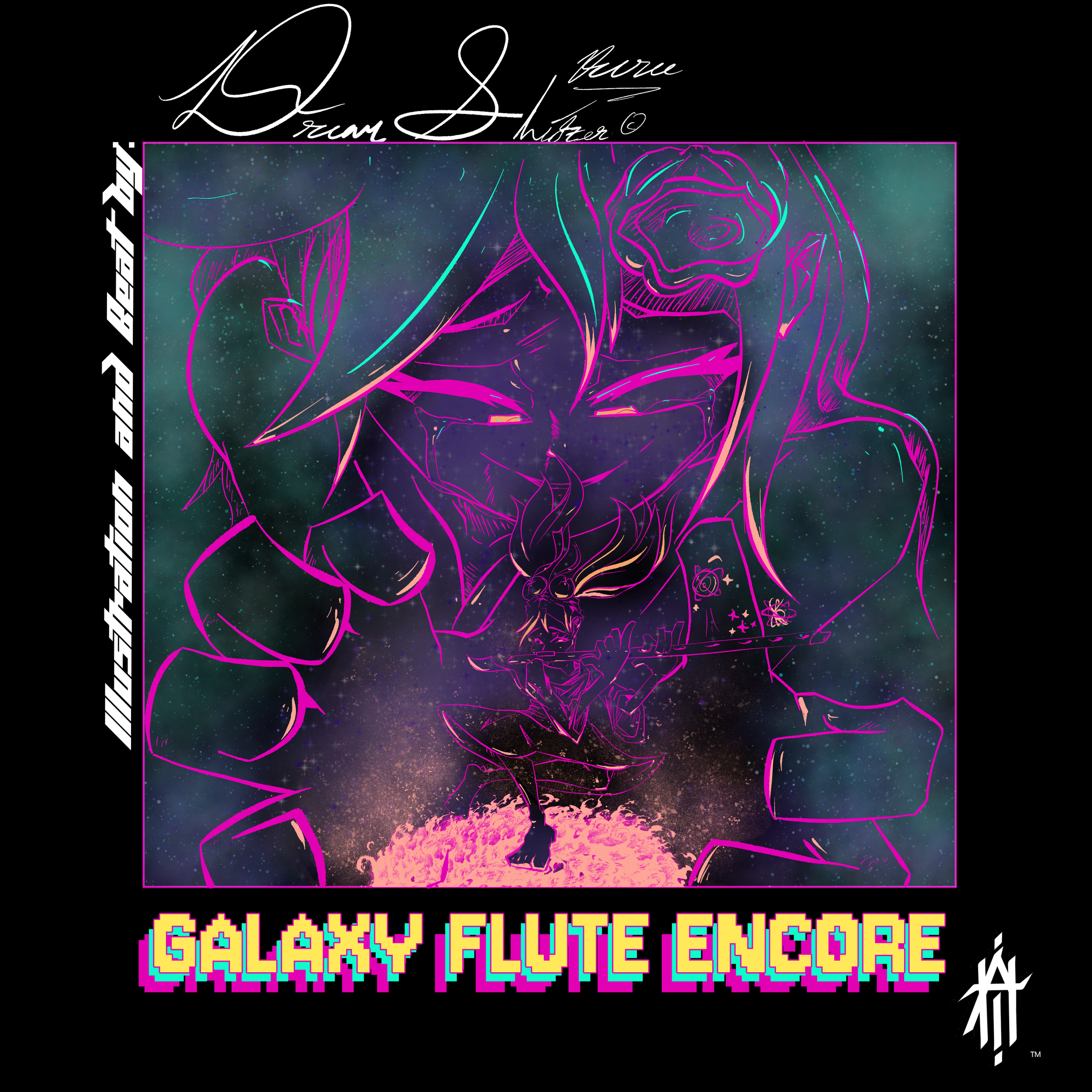 Digital illustration of a giant hand reaching into space with a spaceship and a character playing a flute on the hand's fingertips. The image has a cosmic background with stars, and the title 'Galaxy Flute Encore' in pixelated colorful text at the bottom.