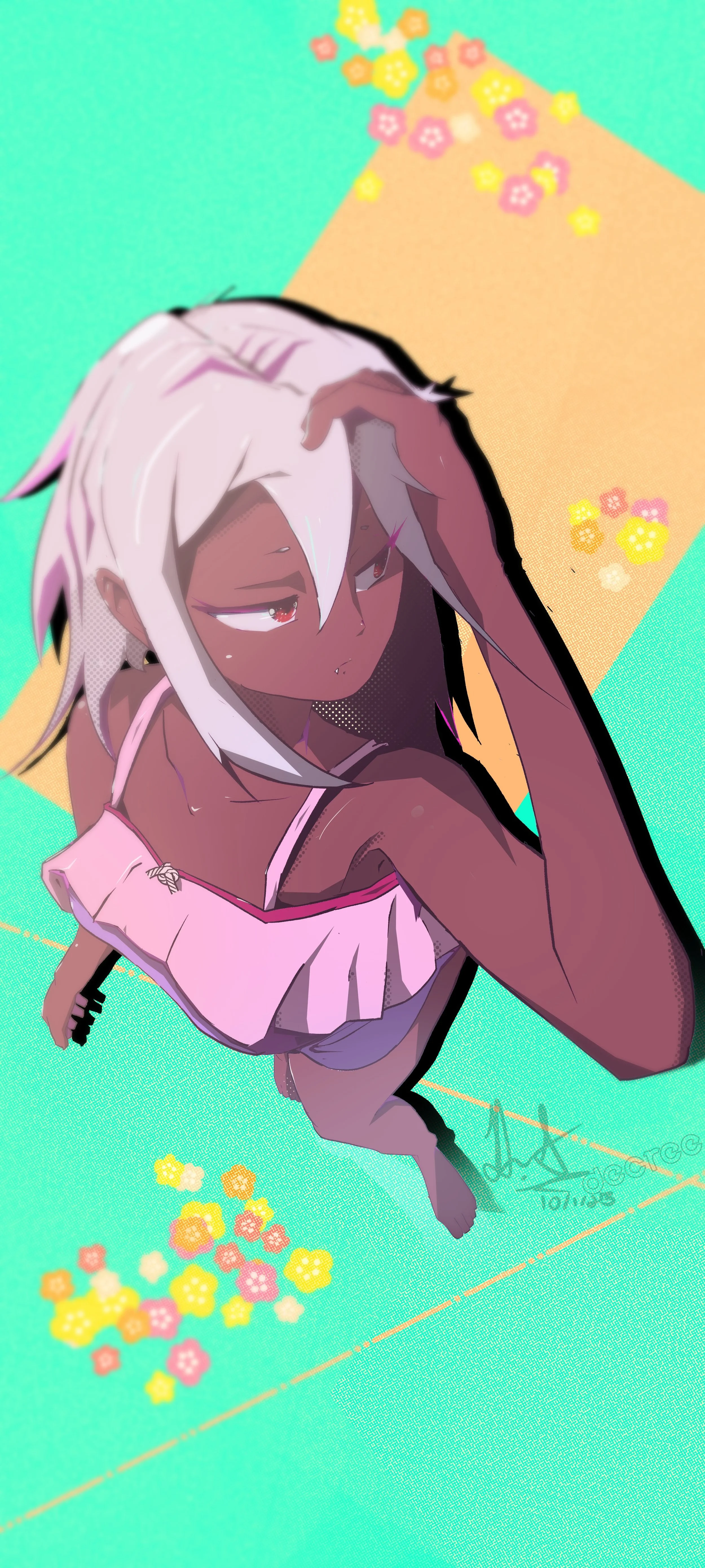 An anime-style character with white hair, brown skin, and a pink outfit, holding a black hairbrush, sitting on a brightly colored floor with pastel flower patterns.