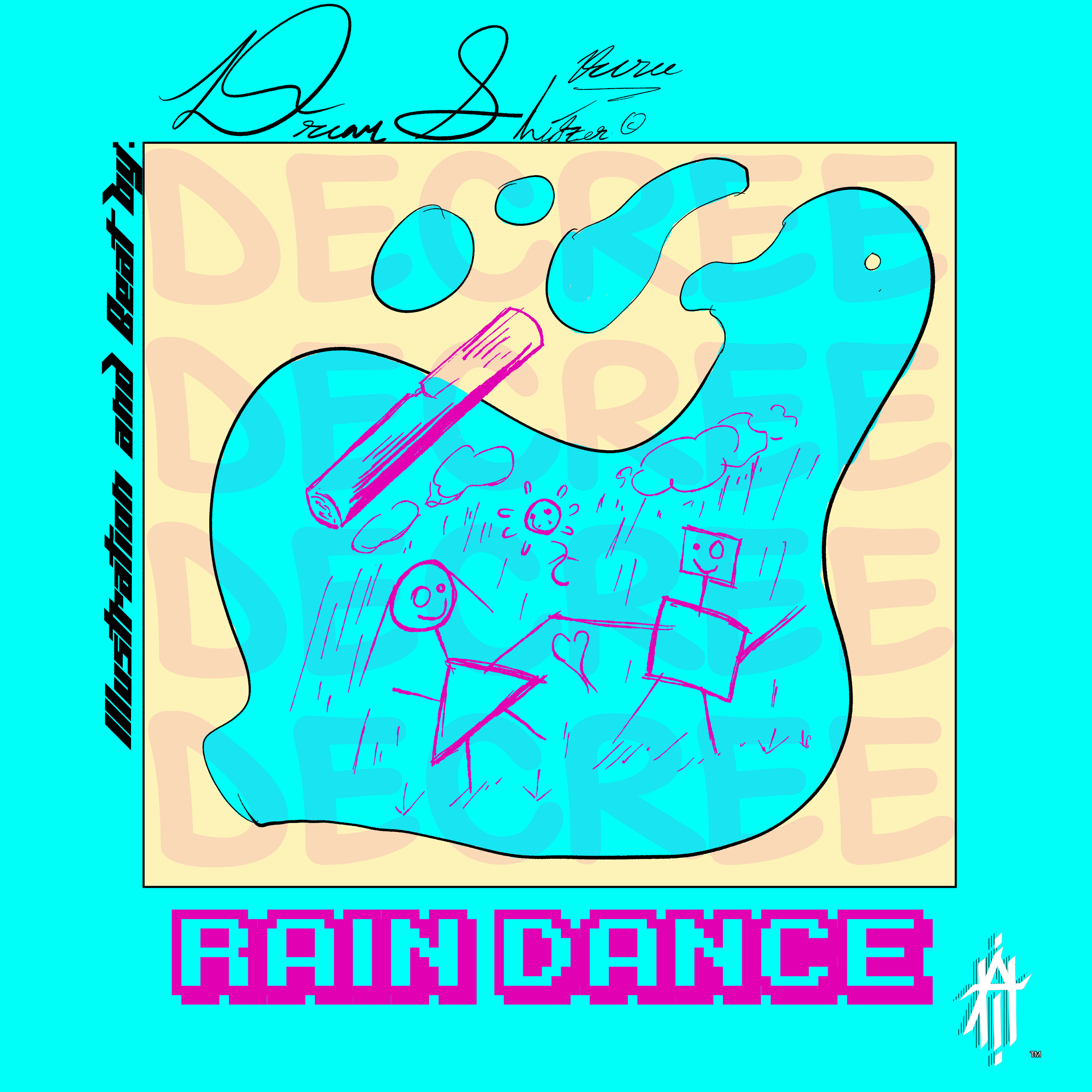 A colorful, abstract drawing with blue background, featuring a large, rough outline of a dinosaur. Inside the dinosaur, there are whimsical sketches of stick figures with square and circle heads, holding hands, and smiling. Above, there are floating shapes like clouds and a lightning bolt. The words "RAIN DANCE" are in bright pink pixelated letters at the bottom, with other text and signatures around the image.