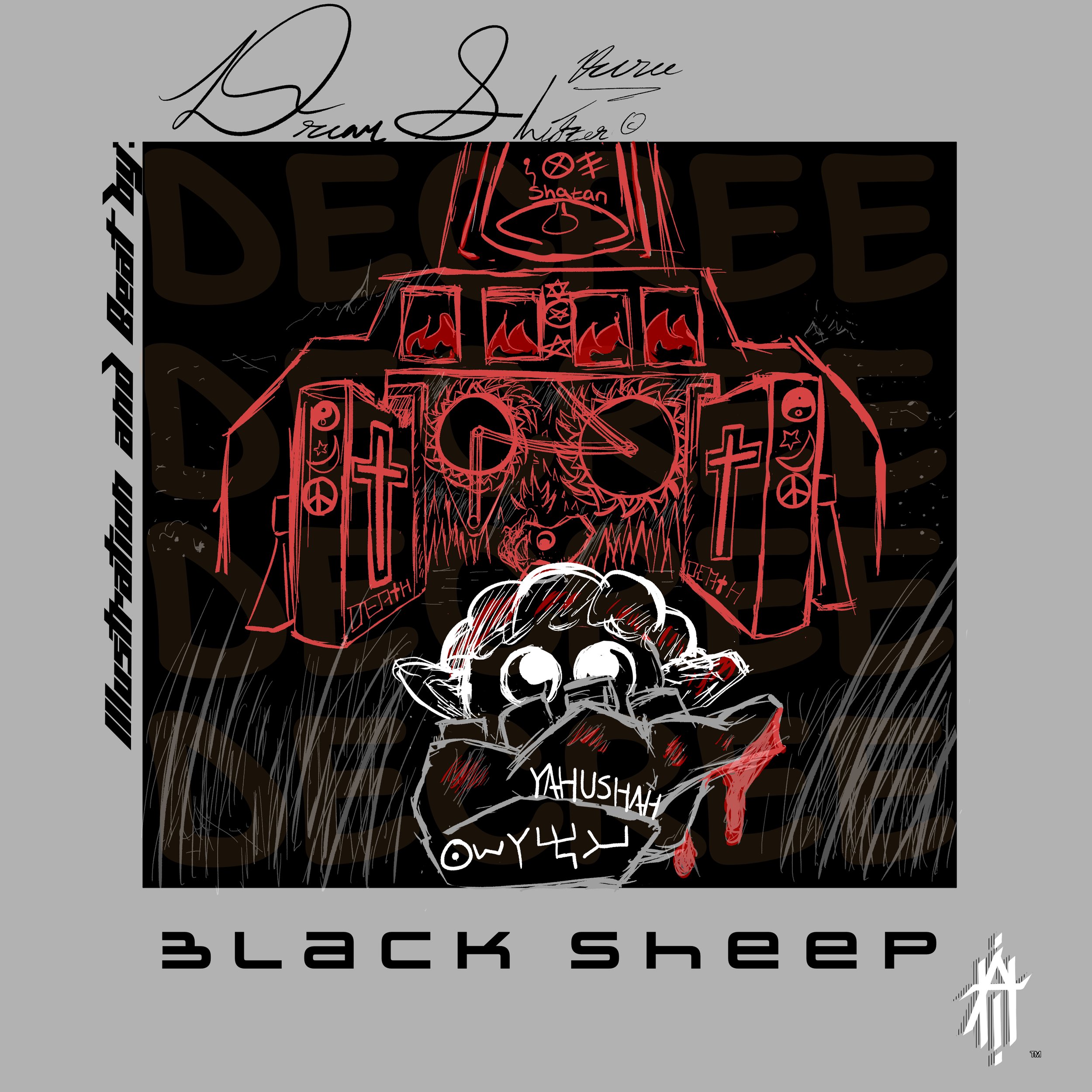 A digital illustration featuring a black sheep with a skull face, holding a bloodied axe, titled "Black Sheep". The scene includes a heavily armed, demonic-looking vehicle with religious symbols, crosses, peace signs, and flames. The background has graffiti-style writing and symbols, including the words "Yahushah," "Shatan," and "Death."