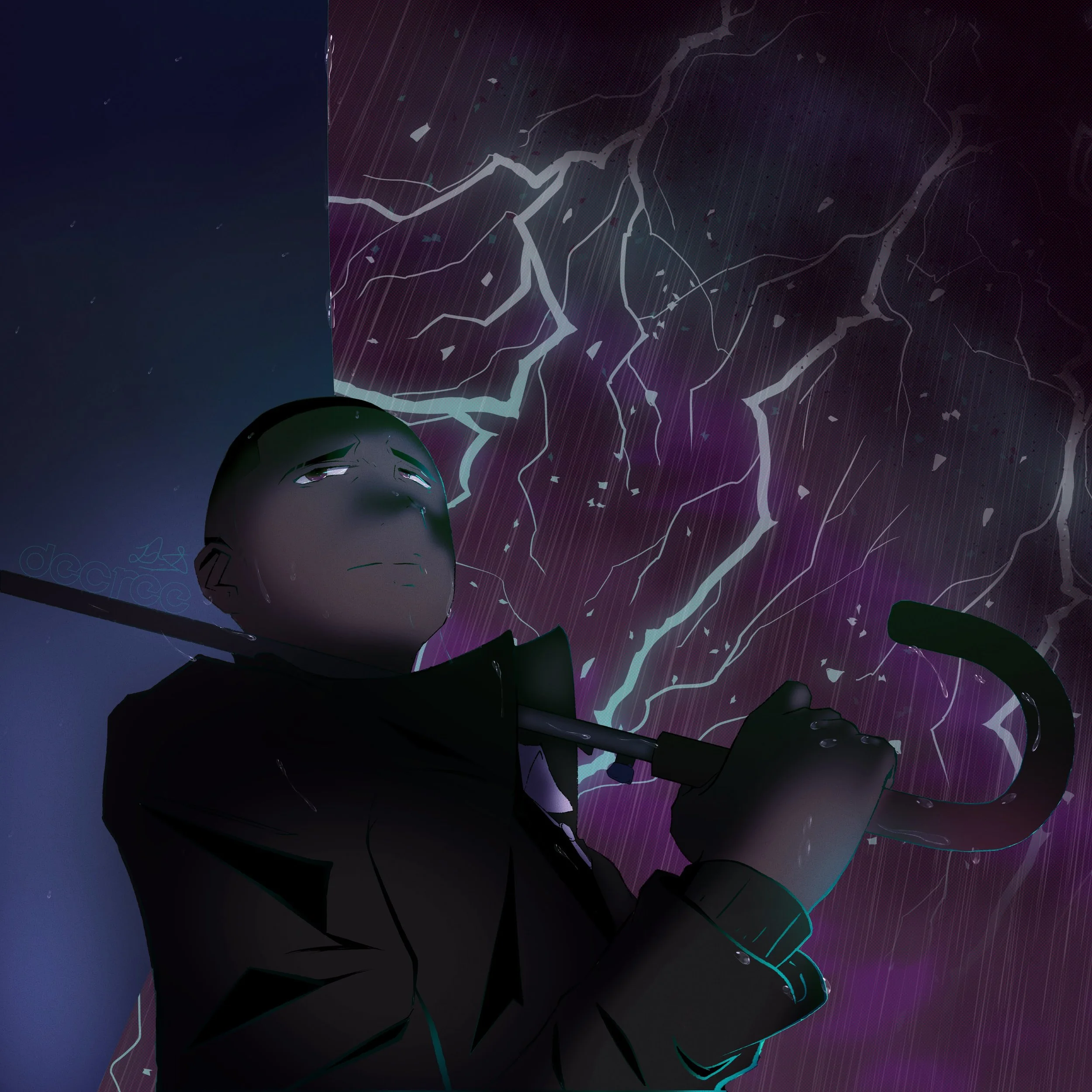 A cartoon character holding an umbrella under a stormy sky filled with lightning with a dark and moody atmosphere.