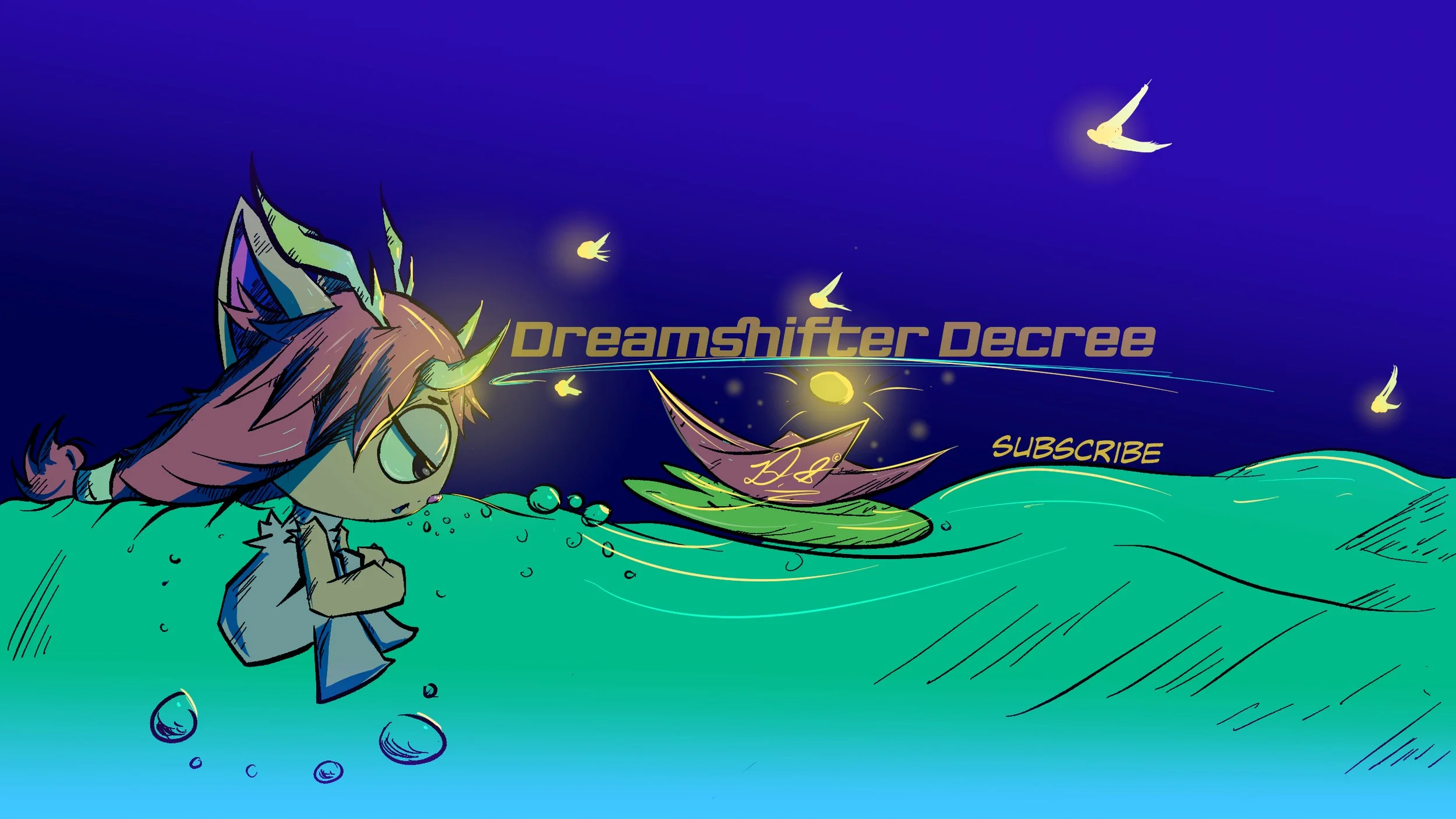 Anime-style illustration of a character with animal ears sitting with eyes closed, on a green surface near water, with a boat floating on the water. Fireflies illuminate the scene, and the text 'Dreamshifter Decree' and 'SUBSCRIBE' are displayed, with a dark blue night sky background.