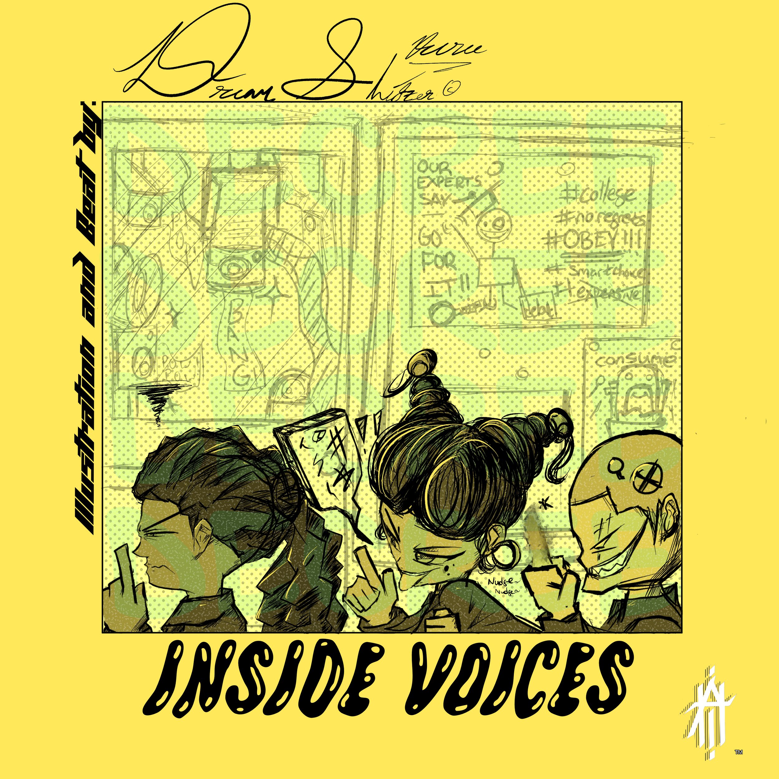 Illustration of three characters with distinctive hairstyles, acting out-of-line, with chaotic drawings and text about consumerism and societal issues in the background, titled "Inside Voices".