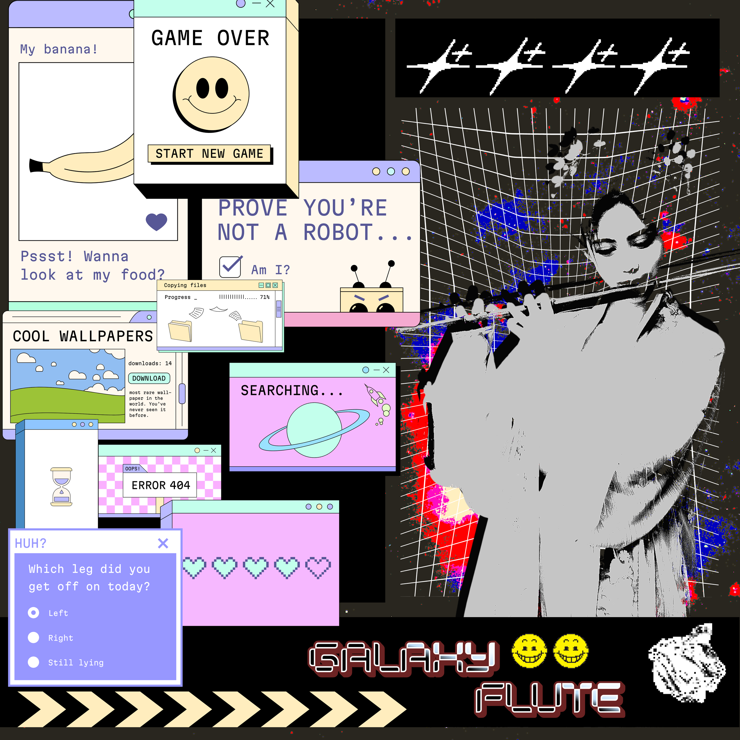 A collage of digital pop art images including a woman playing a flute against a starry background, various computer window mockups with messages like 'GAME OVER', 'SEARCHING...', and error messages, a cartoon banana, and pixelated graphics with words like 'GALAXY' and 'FLUTE'.