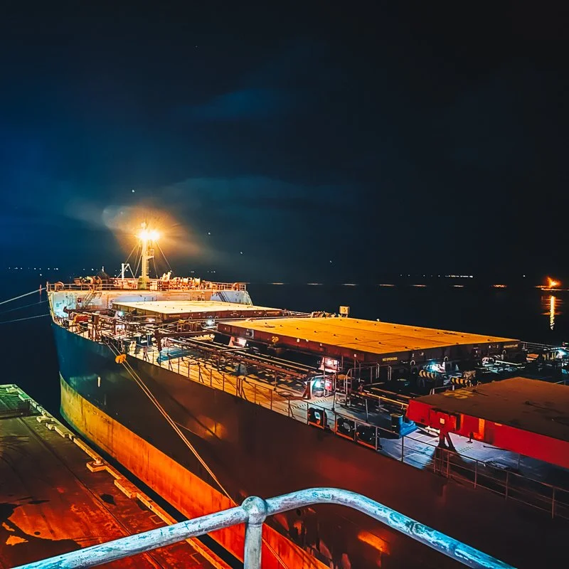Night time image of a cargo ship at Mackay port 