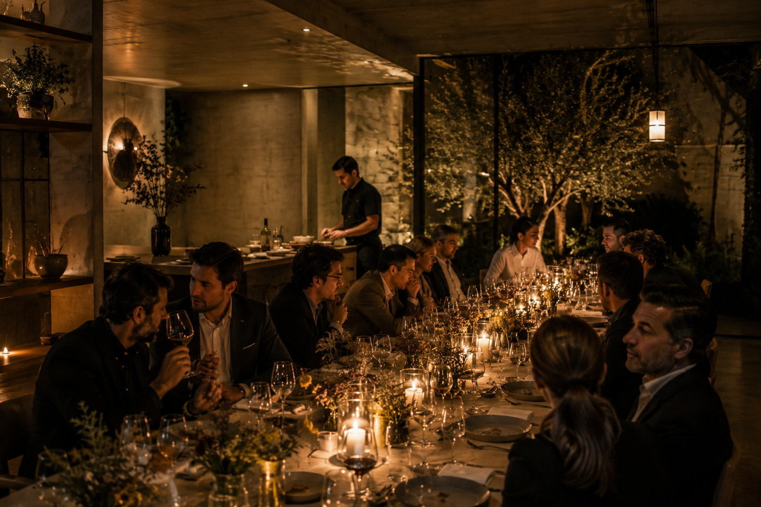 People gathered for a dinner party at a long table decorated with candles and flowers, in a warmly lit room with large windows showing trees outside at night.