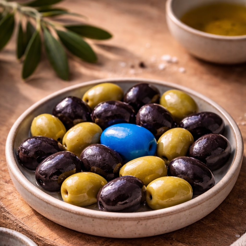 A white bowl filled with green and black olives on a wooden table, with a small bowl of green dipping sauce in the background