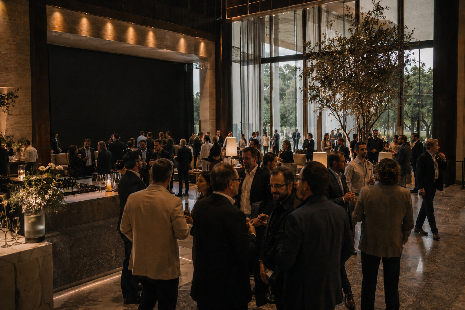 Guests socializing at a formal event in a spacious, modern lobby with high ceilings, large windows, and elegant decor including plants and lamps.
