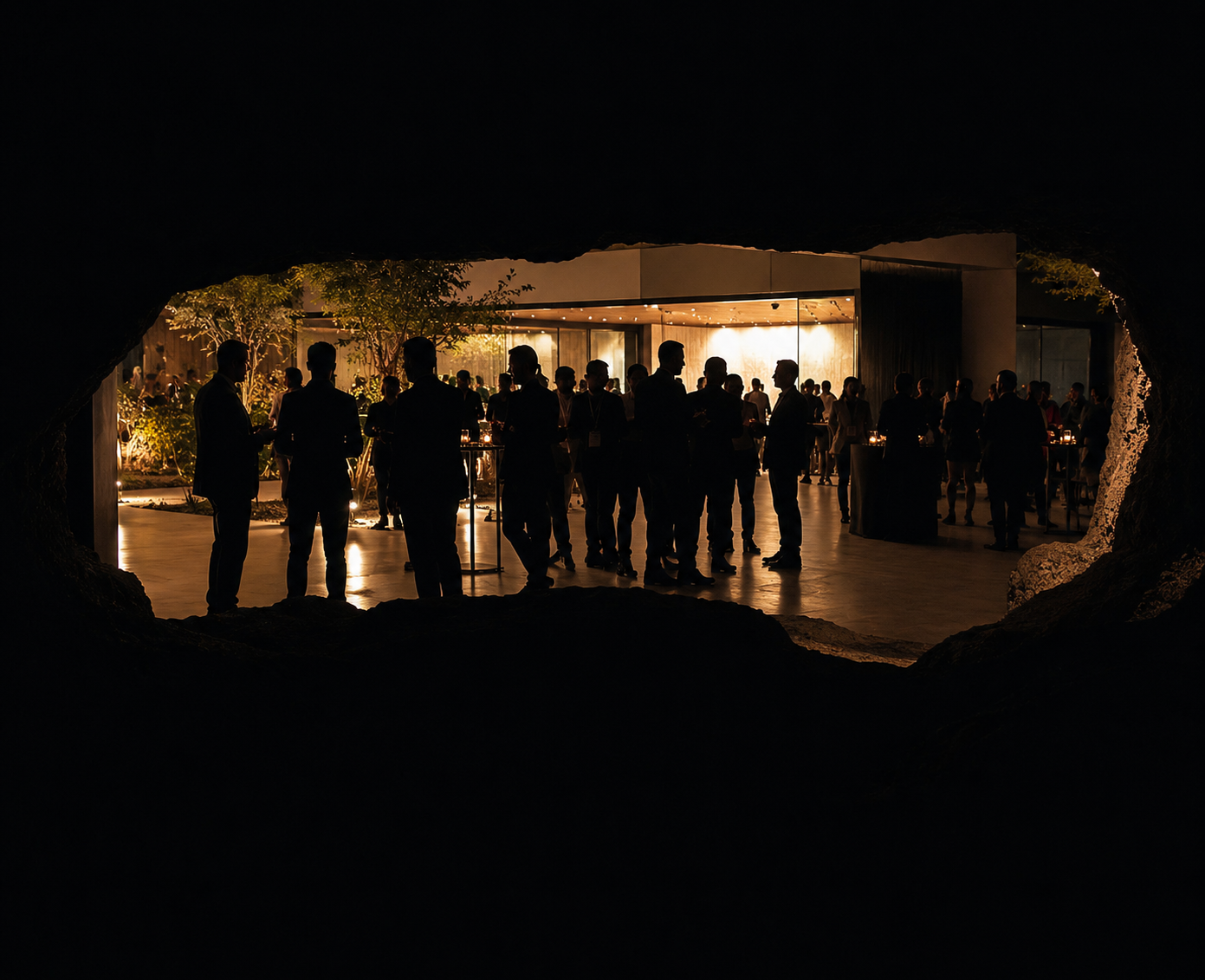 Silhouettes of people at a nighttime indoor event seen through a dark, irregularly shaped opening.