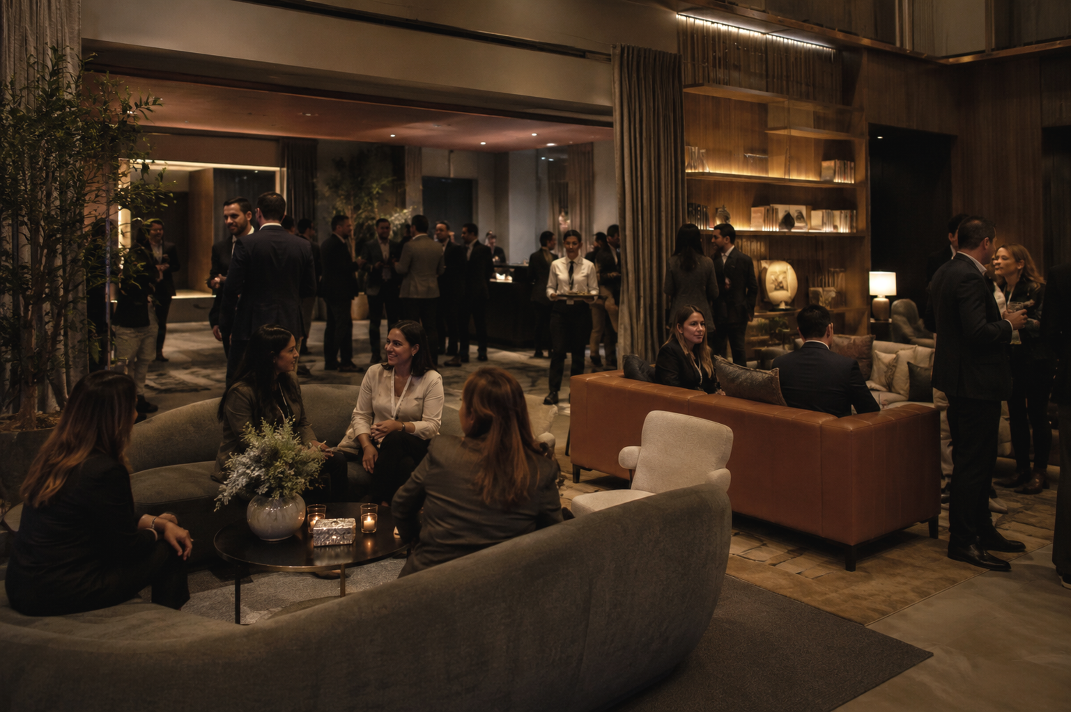 Corporate networking event in a modern, dimly lit hotel lobby lounge with groups of well-dressed men and women socializing and sitting on sofas and chairs.