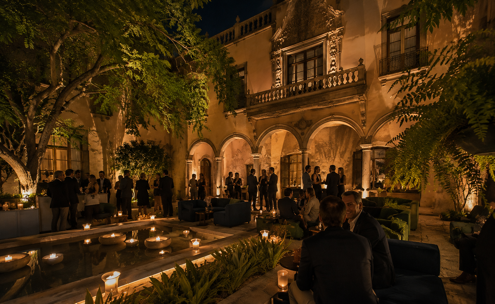 An outdoor nighttime party in a historic mansion courtyard with glowing candles, people in formal attire mingling, and lush greenery.