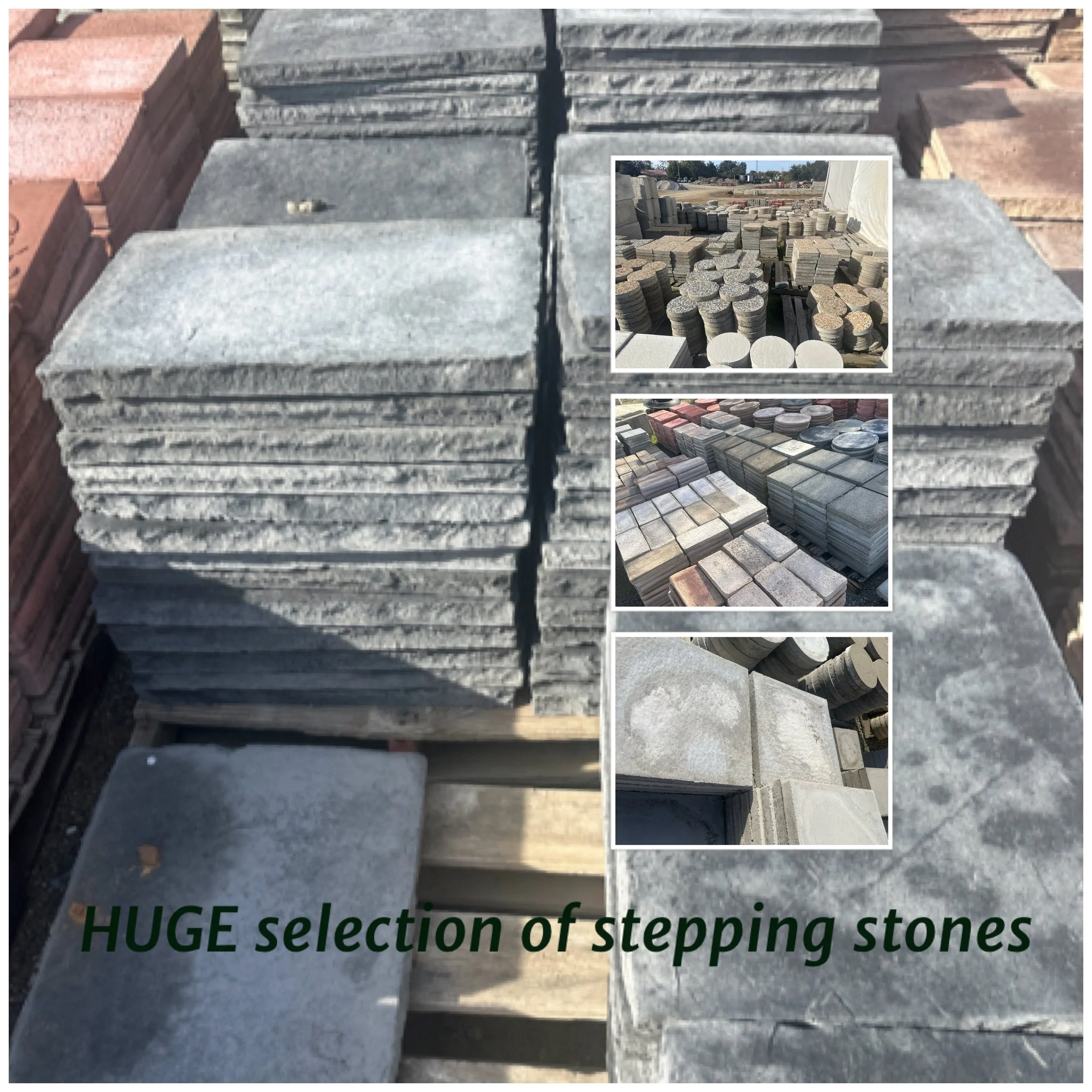 Large stacks of various sizes and shapes of stepping stones made of different types of stone, including rectangular, square, and round pieces, displayed outdoors at a stone yard.