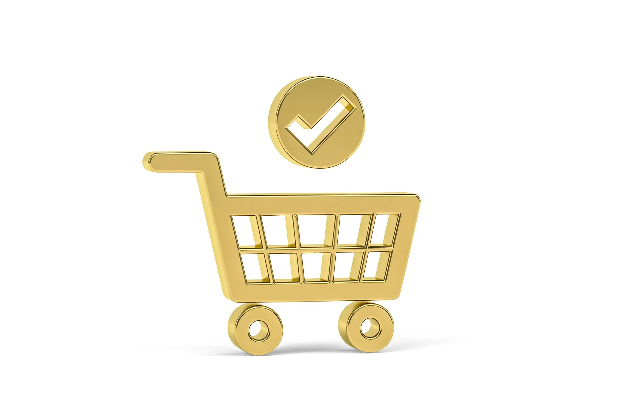 Golden 3D shopping cart with a checkmark icon floating above it, on a white background.