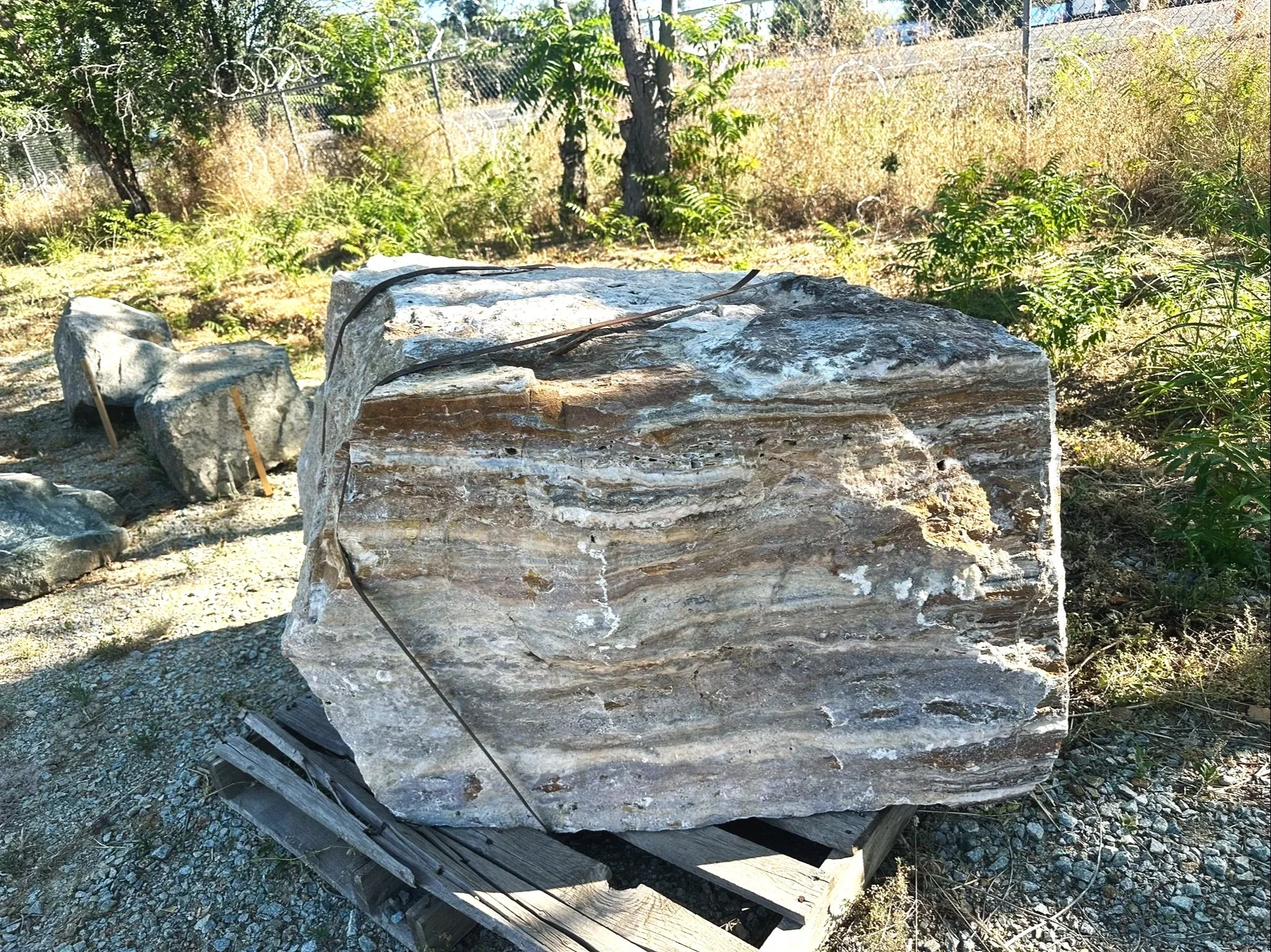 A large onyx, weathered rock with a black wire wrapped around it, situated in an outdoor setting with greenery, trees, and a chain-link fence in the background.