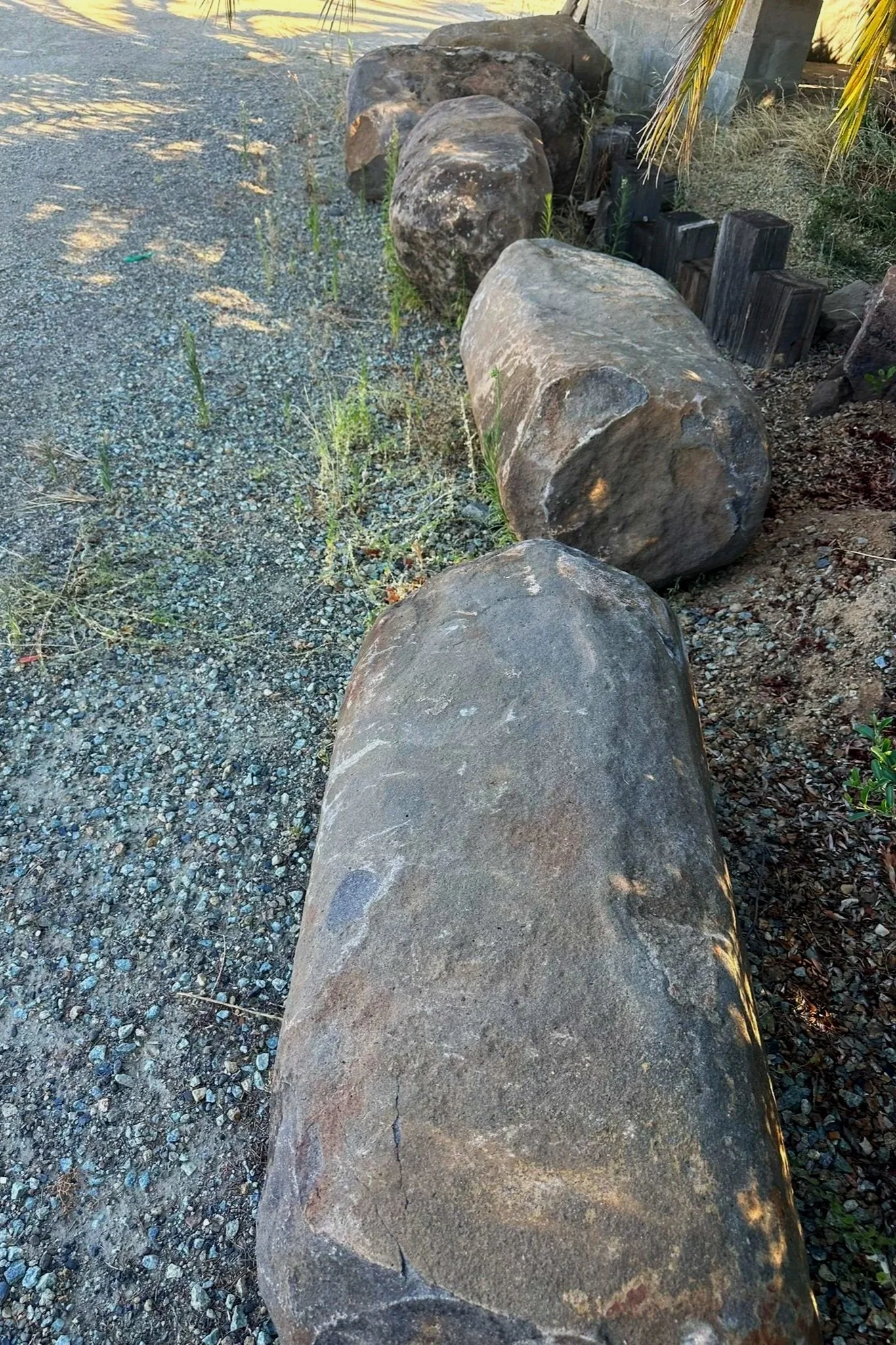 A row of large basalt column, rounded rocks on the ground in front of a garden area with plants and a wall.