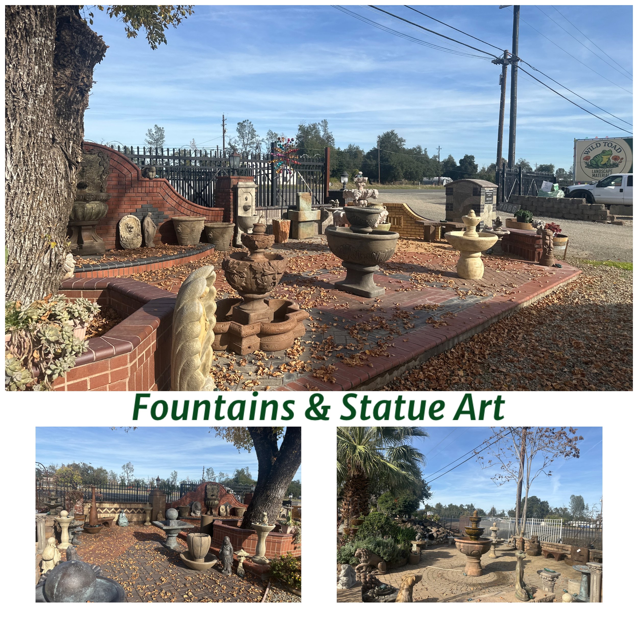 Various fountains and stone statues arranged in an outdoor display area with trees and a fence in the background, labeled 'Fountains & Statue Art'.