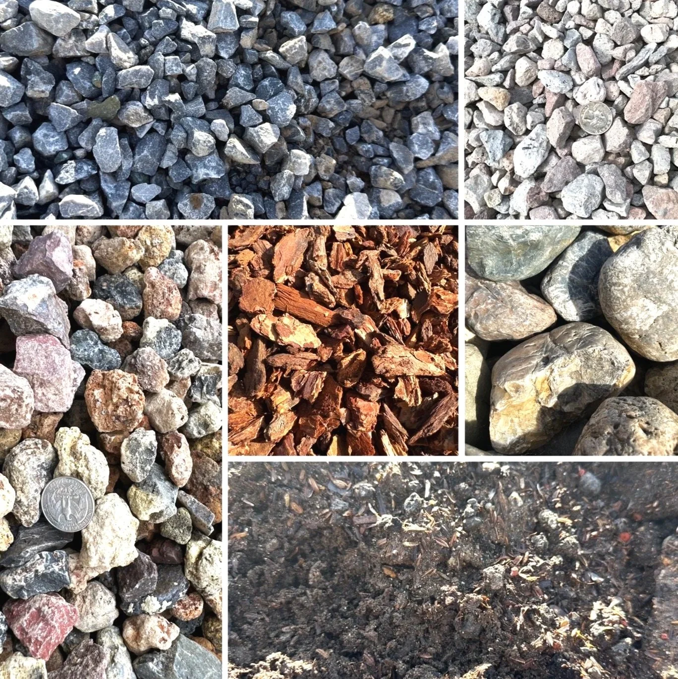 A collage of various types of rocks and soil, including pebbles, small stones, bark mulch, and dark soil.